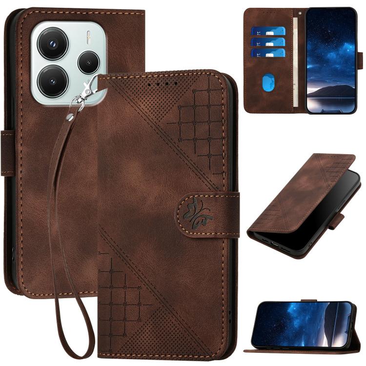 Coffee-brown embossed leather phone case with grid butterfly pattern and wrist lanyard