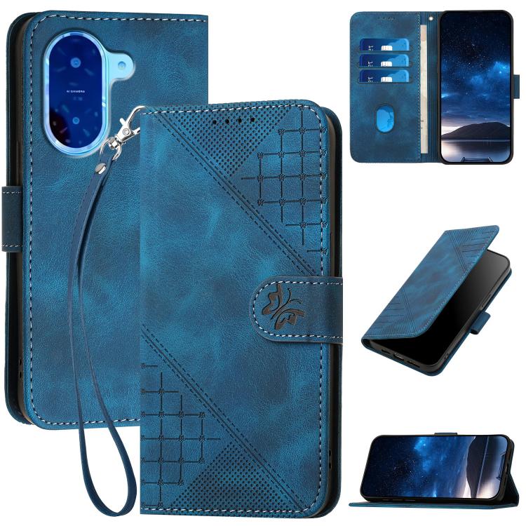 Dark teal leather phone case with grid butterfly embossing and wrist lanyard, flip cover
