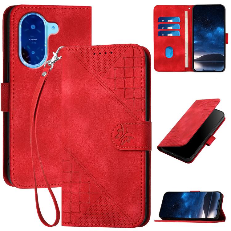 Red leather phone case with grid butterfly embossing and wrist lanyard, flip cover