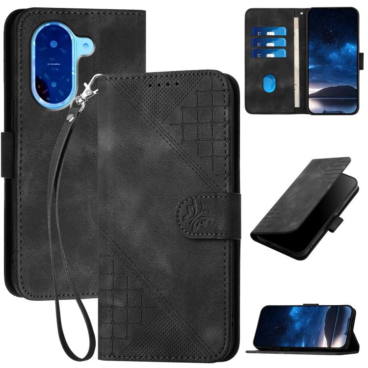 Black leather phone case with grid butterfly embossing and wrist lanyard, flip cover