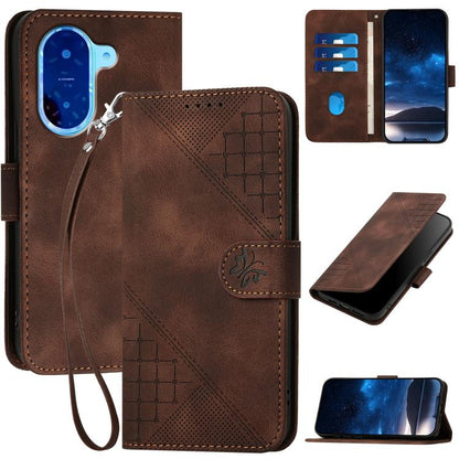 Coffee brown leather phone case with grid butterfly embossing and wrist lanyard, flip cover