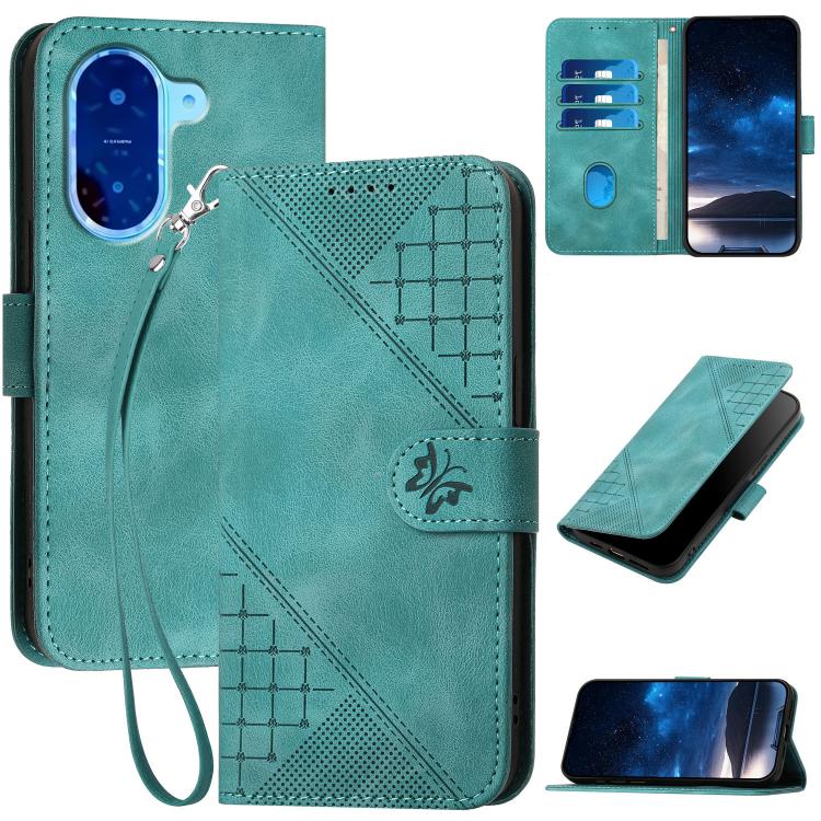 Teal green leather phone case with grid butterfly embossing and wrist lanyard, flip cover