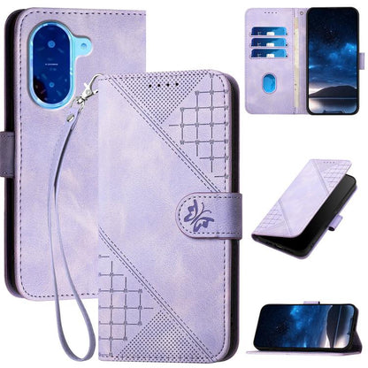 Lavender leather phone case with grid butterfly embossing, wrist lanyard and flip cover