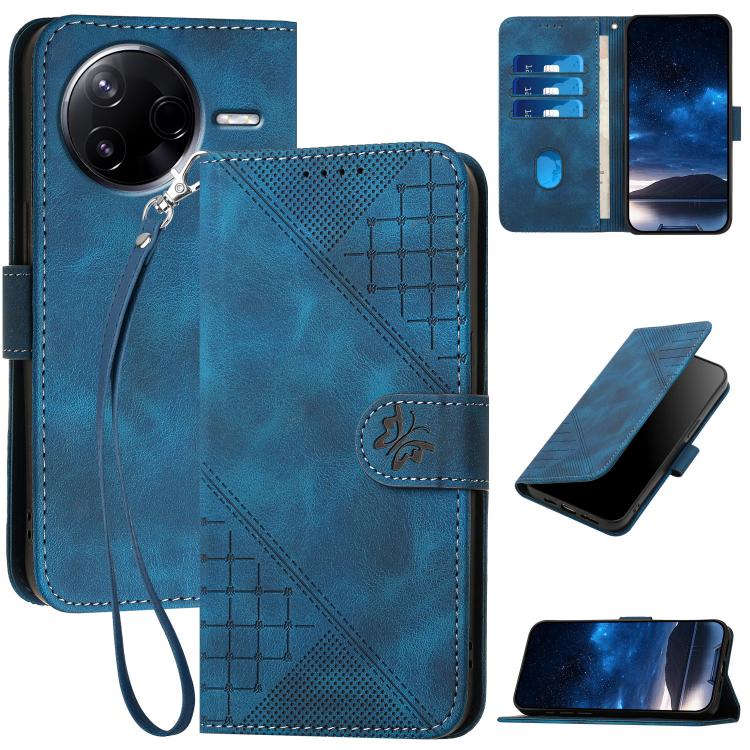 Blue leather phone case with embossed grid-butterfly pattern and wrist lanyard strap.
