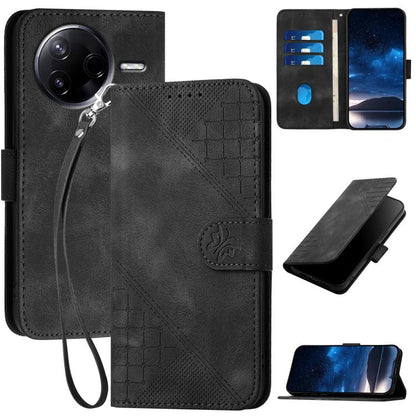 Black leather phone case with embossed grid-butterfly pattern and wrist lanyard.