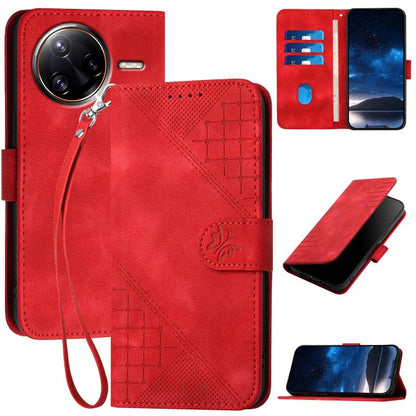 Red leather phone case with grid butterfly embossing and wrist lanyard, flip cover