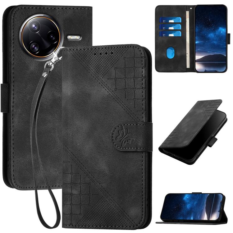 Black leather phone case with grid butterfly embossing and wrist lanyard, flip cover