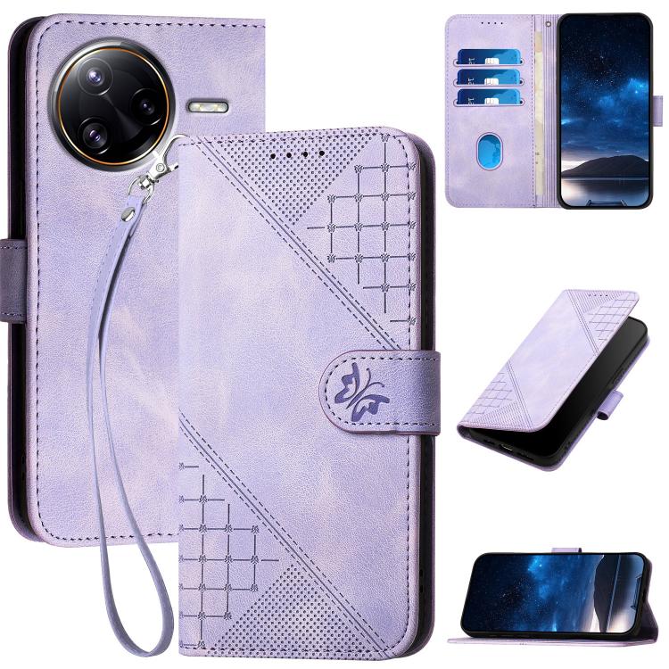 Lavender leather phone case with embossed grid-butterfly pattern and wrist lanyard.