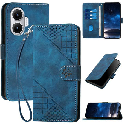 Dark blue embossed leather phone case with grid butterfly pattern and wrist lanyard