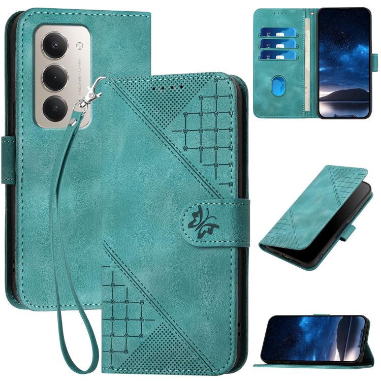 Teal embossed leather phone case with grid butterfly pattern and wrist lanyard