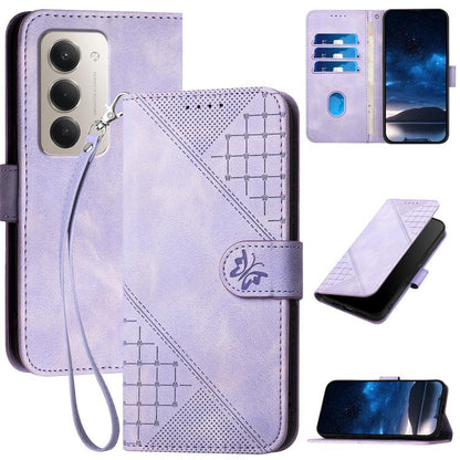 Light purple embossed leather phone case with grid butterfly pattern and wrist lanyard