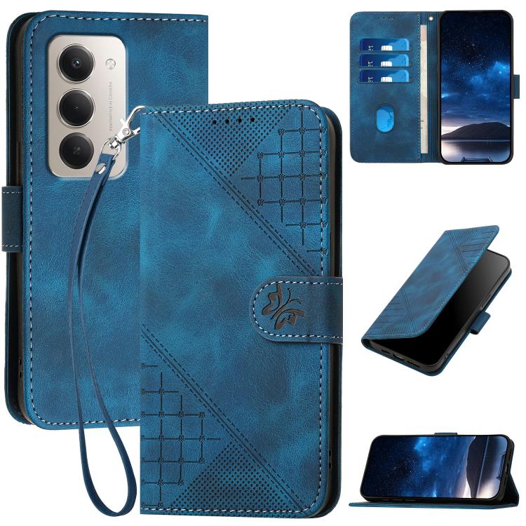 Dark blue leather folio phone case with grid butterfly embossed pattern and lanyard strap.