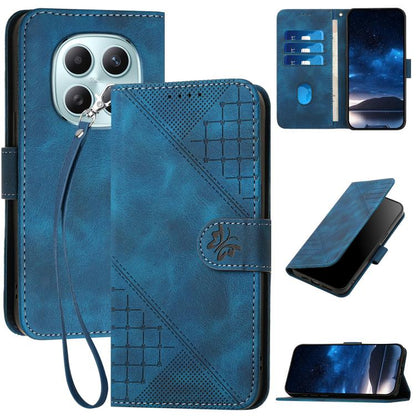 Blue leather phone case with embossed grid butterfly pattern and wrist lanyard strap