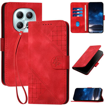 Red leather wallet-style phone case with embossed grid butterfly pattern and wrist lanyard
