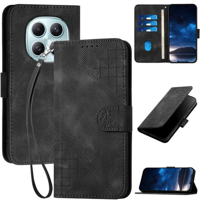 Black leather wallet-style phone case with embossed grid butterfly pattern and wrist lanyard