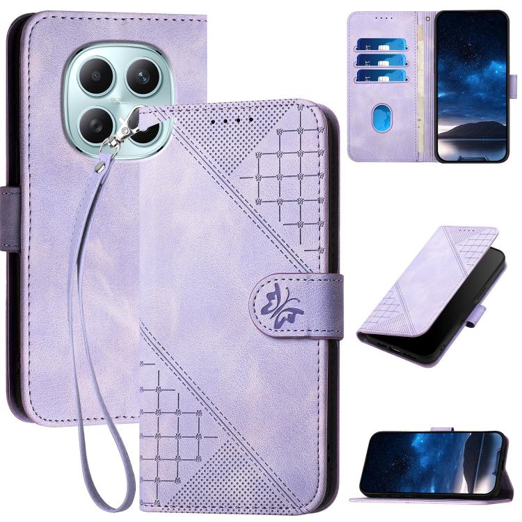 Leather phone case with lanyard, grid butterfly embossed pattern, light purple