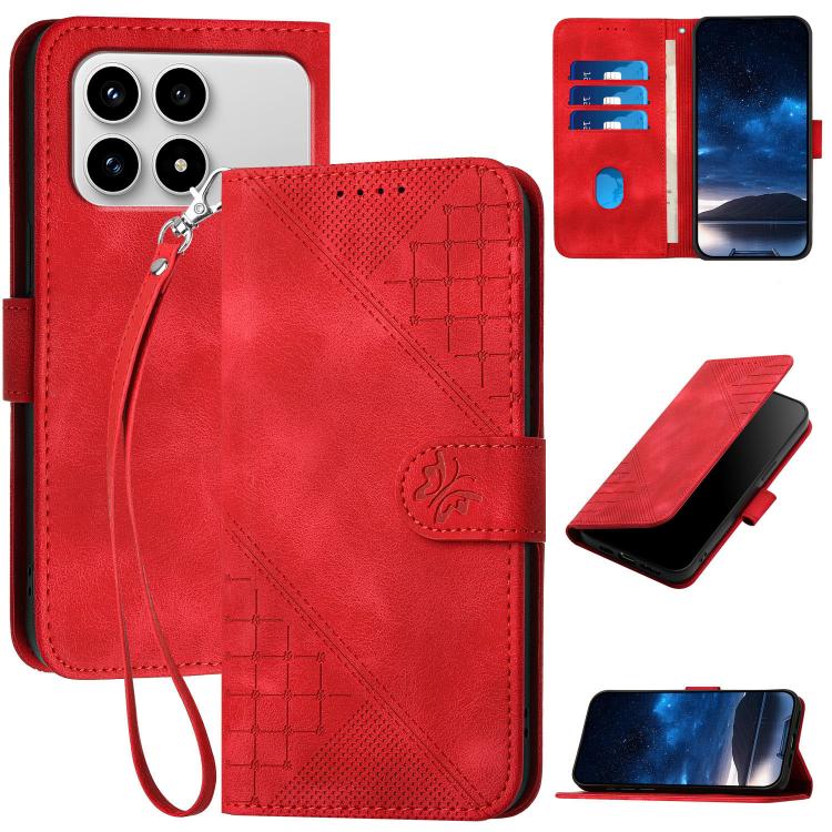 Leather phone case with lanyard, grid butterfly embossed pattern, red, front view