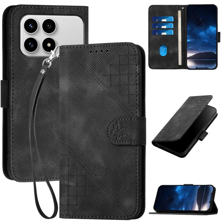 Leather phone case with lanyard, grid butterfly embossed pattern, black, side and front