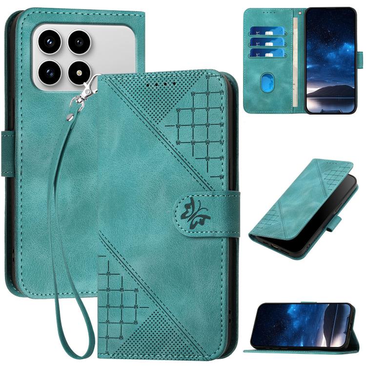 Teal leather folio phone case with grid butterfly embossed pattern and wrist lanyard.