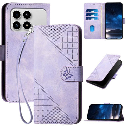 Light purple leather folio phone case with grid butterfly embossed pattern and lanyard.