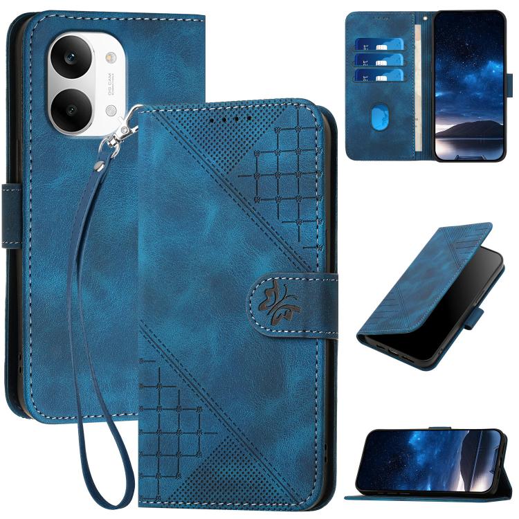 Blue leather phone case with grid butterfly embossed pattern and wrist lanyard, card slots