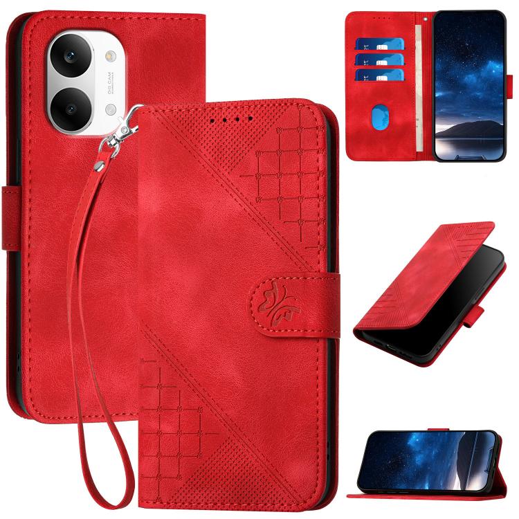 Red leather phone case with grid butterfly embossed pattern and wrist lanyard, card slots