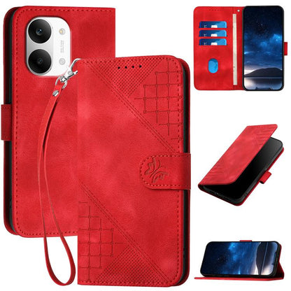 Red leather phone case with grid butterfly embossed pattern and wrist lanyard, card slots