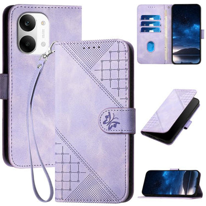 Lavender leather phone case with grid butterfly embossed pattern and wrist lanyard, card slots