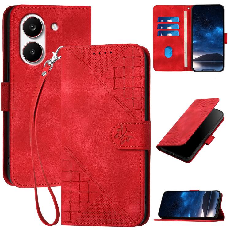 Red leather phone case with embossed grid butterfly pattern and wrist lanyard strap