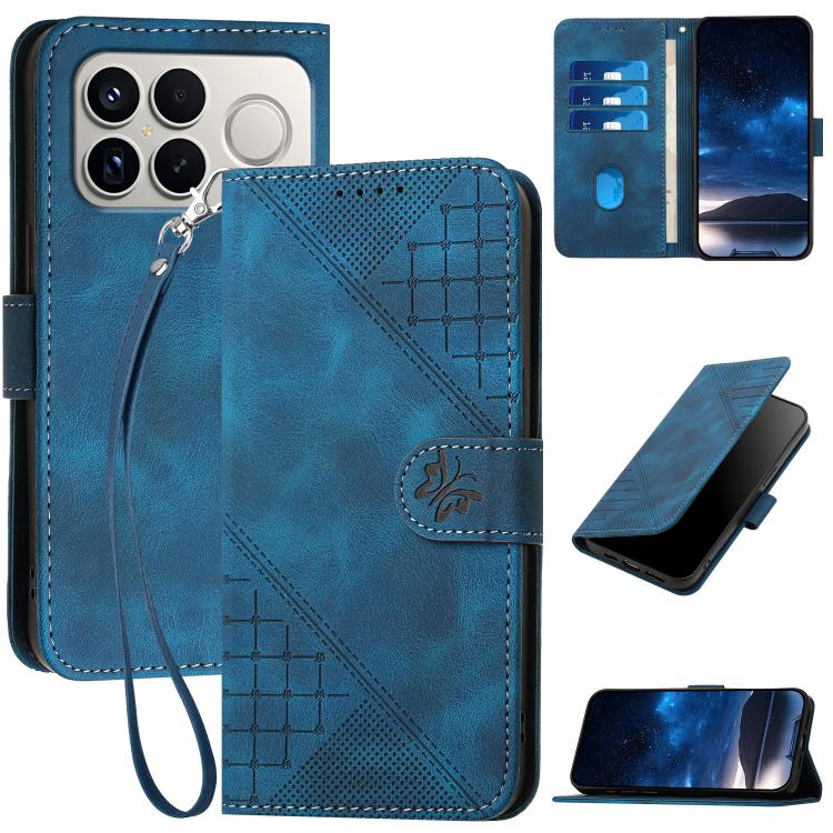 Leather phone case with lanyard, grid butterfly embossed pattern, dark teal blue