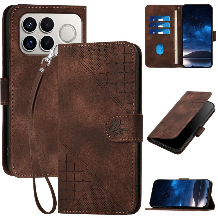 Leather phone case with lanyard, grid butterfly embossed pattern, coffee brown