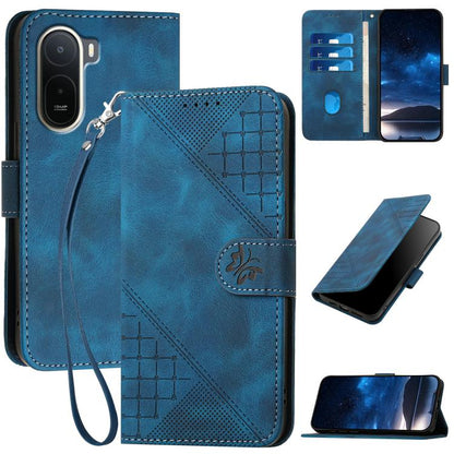 Dark blue leather phone case with grid-butterfly embossing and wrist lanyard strap