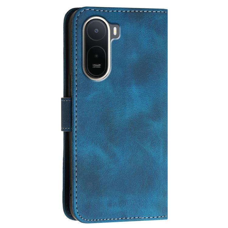 Dark blue leather folio phone case with embossed grid-butterfly pattern and side strap