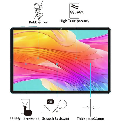 Tablet tempered glass screen protector showing 9H hardness, bubble-free fit, and 0.3mm thickness