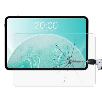 Tablet tempered glass screen protector covering front glass, impact shows cracks on the film