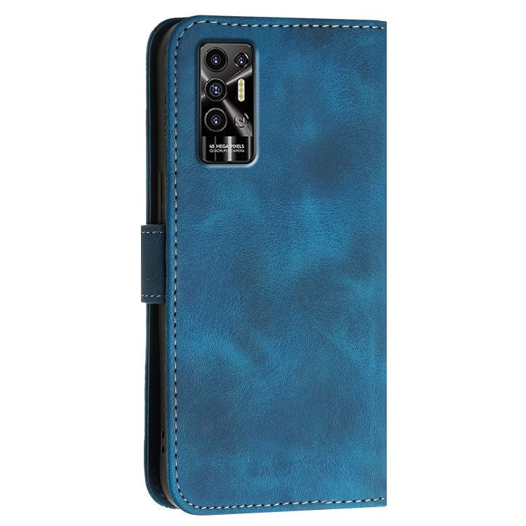 Dark blue textured leather phone case with stitched edges and rear camera cutout