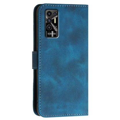 Dark blue textured leather phone case with stitched edges and rear camera cutout