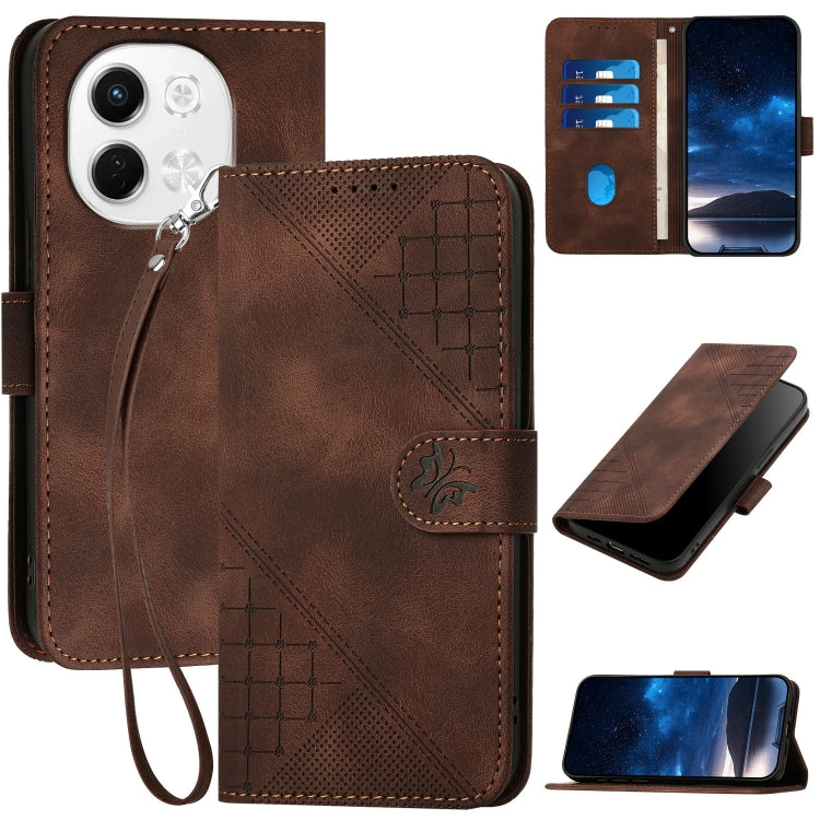 Coffee brown embossed leather wallet phone case with grid butterfly pattern and lanyard