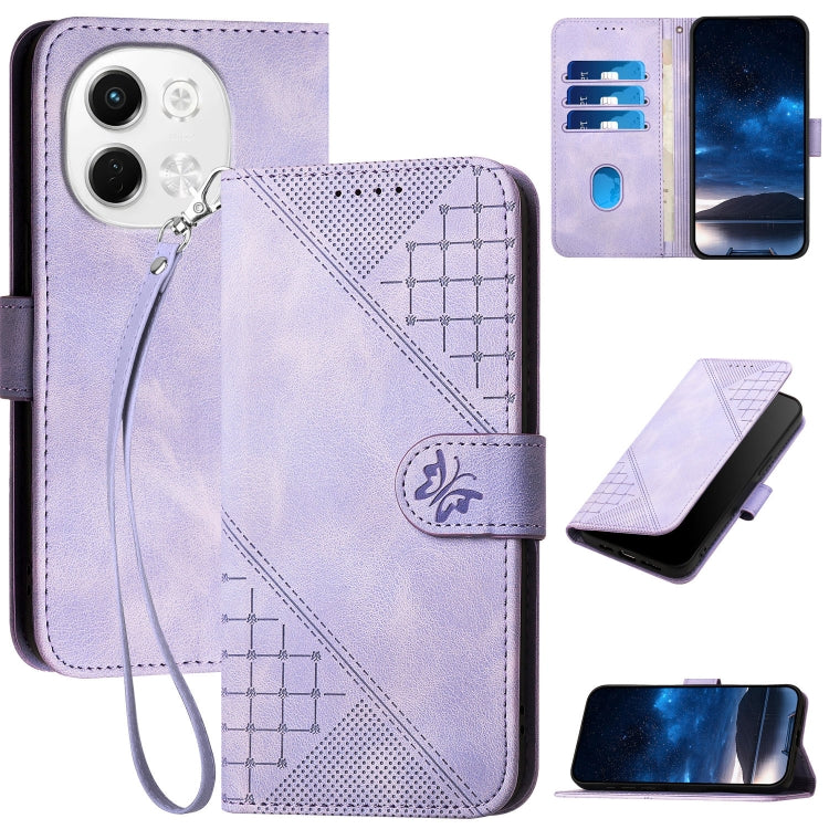 Light purple embossed leather wallet phone case with grid butterfly pattern and lanyard strap