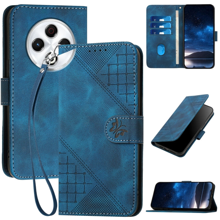 Dark blue leather phone case with embossed grid-butterfly pattern and wrist lanyard