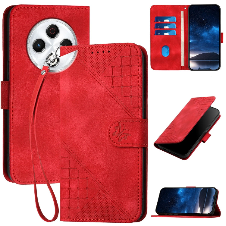 Red leather phone case with embossed grid-butterfly pattern and wrist lanyard strap