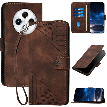 Brown leather phone case with embossed grid-butterfly pattern and wrist lanyard strap