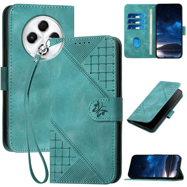 Teal leather phone case with embossed grid-butterfly pattern and wrist lanyard strap
