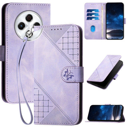 Lavender leather phone case with embossed grid-butterfly pattern and wrist lanyard