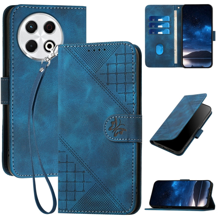 Dark blue embossed leather wallet phone case with grid butterfly pattern and lanyard strap