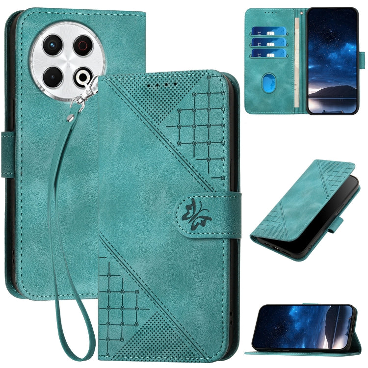 Light blue embossed leather phone wallet case with card slots, grid butterfly pattern, lanyard