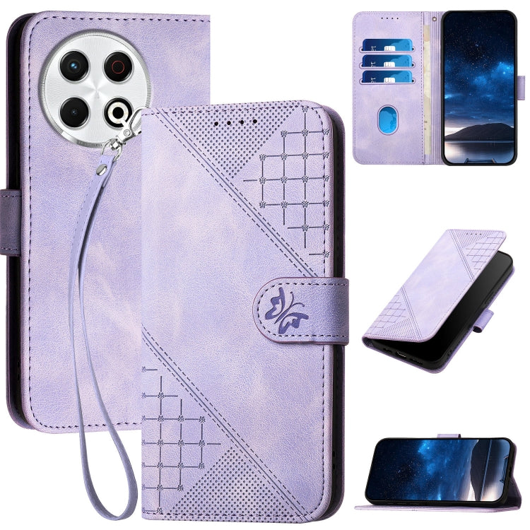 Lavender leather phone case with embossed grid-butterfly pattern and wrist lanyard