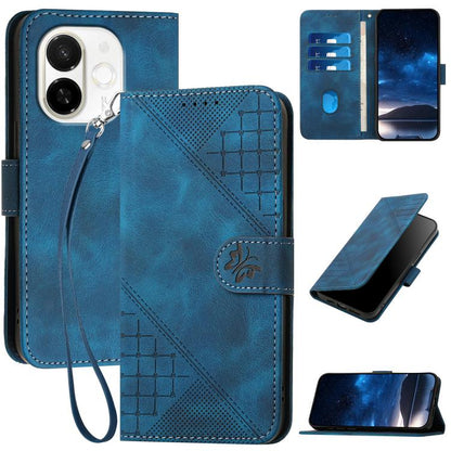 Dark blue grid butterfly embossed leather phone case with lanyard strap and wallet folio
