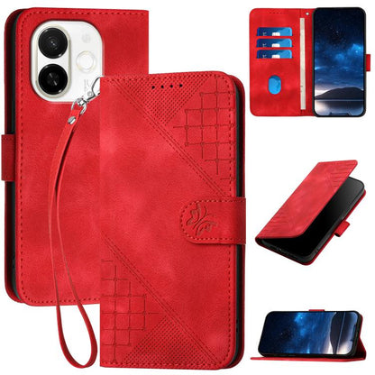 Red grid butterfly embossed leather phone case with lanyard strap and wallet folio