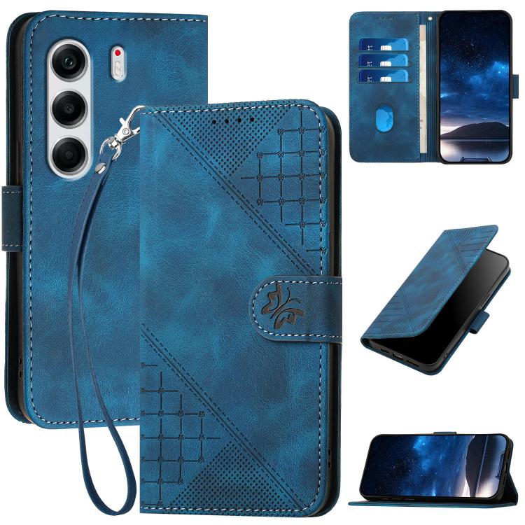 Blue grid butterfly embossed leather phone case with lanyard, wallet flip